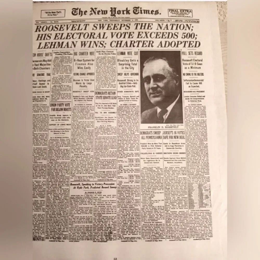 1936 November 4th New York Times- Roosevelt Sweeps The Nation.On cardboard